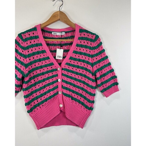 NWT ZARA Womens Cardigan Pink Striped V Neck Cropped Short Sleeve Sweater Small - Picture 6 of 11